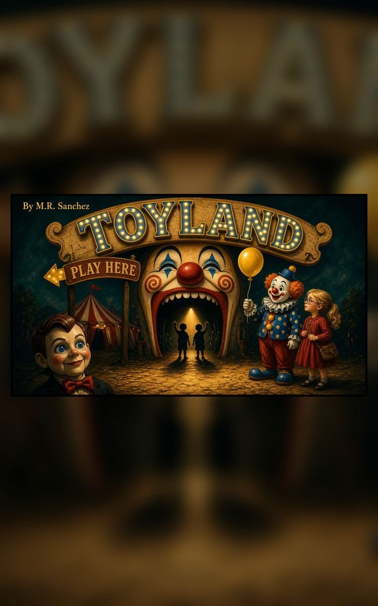 Cover of Toyland by M.R. Sanchez: a night carnival, a clown-mouth gate, and two children at the entrance.
